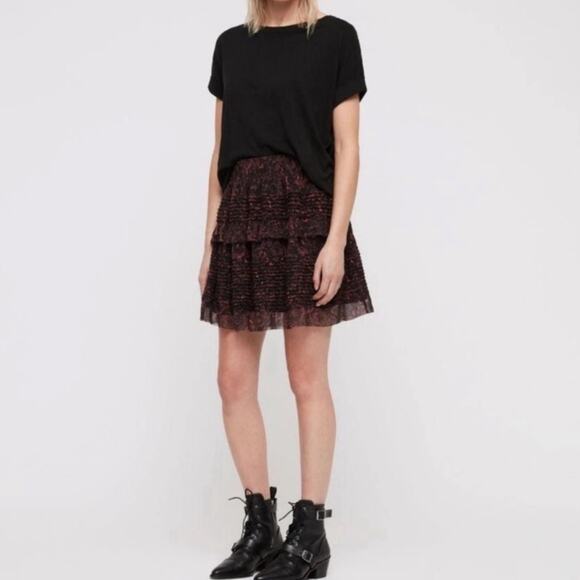 AllSaints Black and Red Abstract Above the Knee Mini Skirt Ruffle Elastic BK9 - Picture 1 of 6